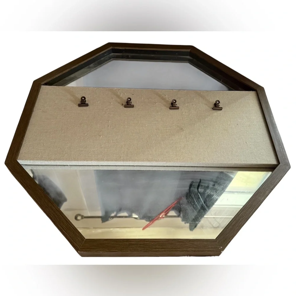Hexagonal Wooden Mirror Frame with Hooks for Photos Decor